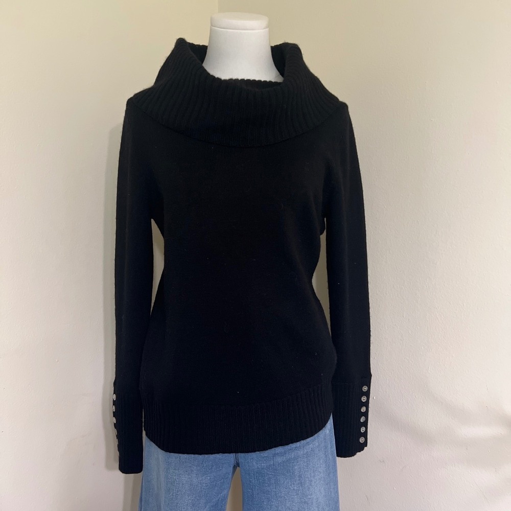 Carole Little Black 100% Italian Merino Wool Cowl Neck Button Cuff Sweater M
